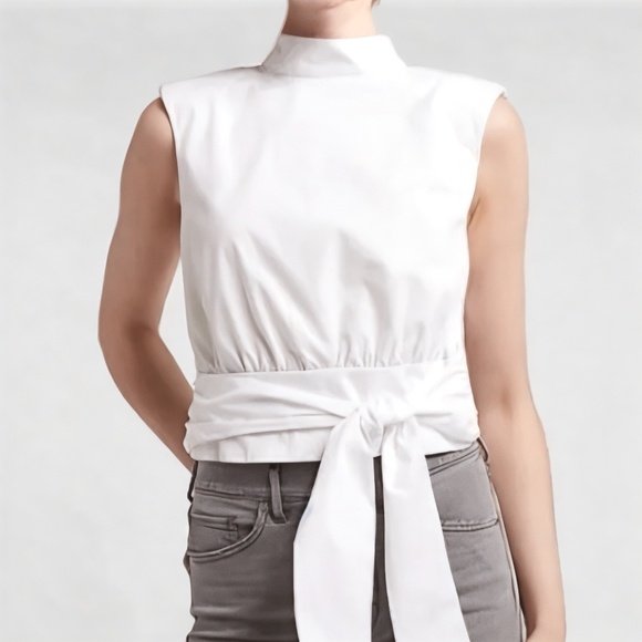 Express Cropped Tie Front Padded Shoulder Top (White) Size S - Picture 1 of 7
